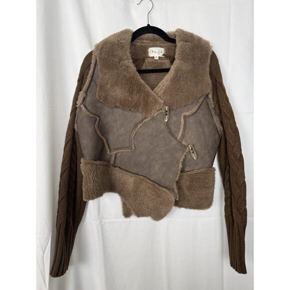 Oli & Hali Patchwork Faux Shearling Fur Knit-Sleeve Jacket Multiple Sizes Brown - Picture 2 of 11